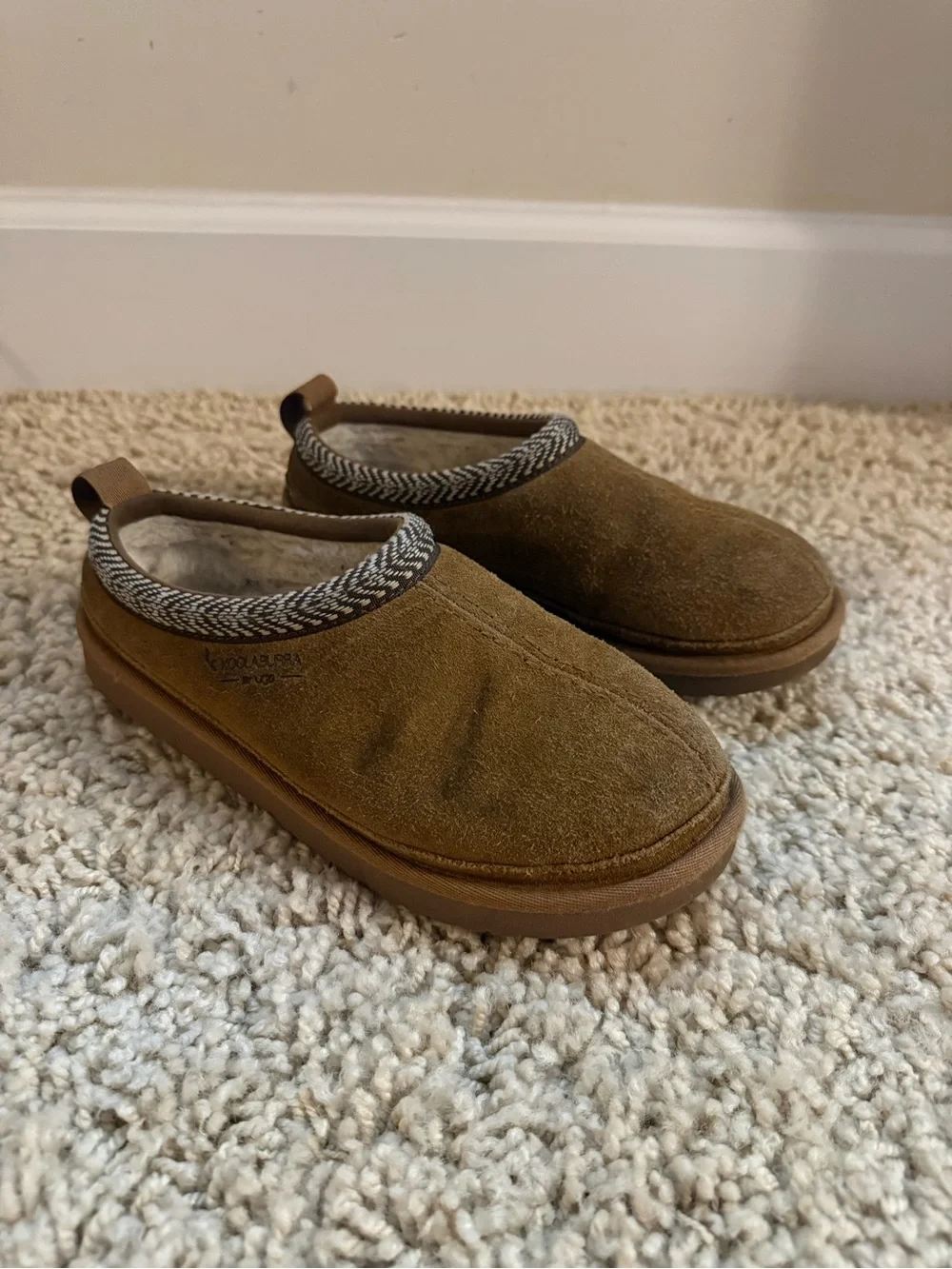 Koolaburra Kids Tan Suede Slip-On Slippers with Patterned Trim